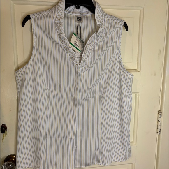 Anne Klein Cotton Ruffled Neck Sleeveless Striped Blouse size L NWT - Picture 1 of 7